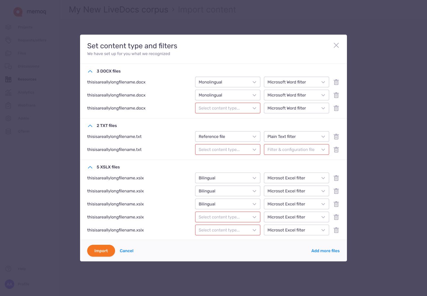 screenshot of memoQ TMS